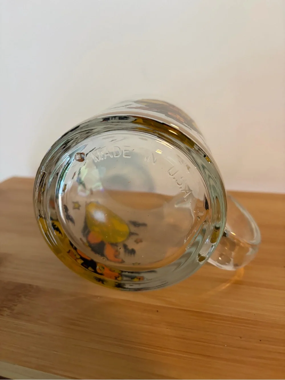 Vintage Halloween Witch Glass Mug Clear w Orange & Black. Made in USA. MCM